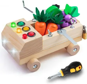 Busy Board with LED Light Montessori Toys Cars Screwdriver Board Set for Toddlers Ages 3 4 5 6 Wooden Busy Trucks Kids Tool Set Sensory Learning Toy STEM Fine Motor Skills Toys for Boys Girls Gift