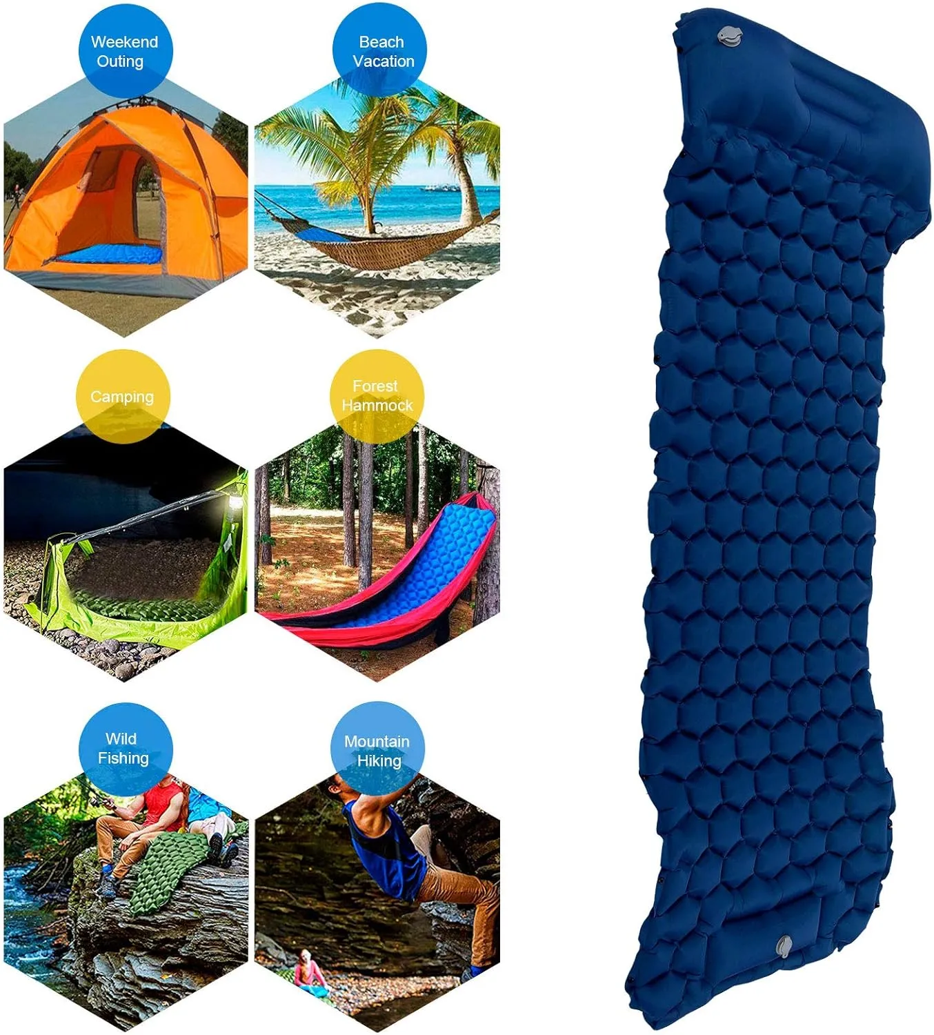 Camping Sleeping Pad Mat, Foot Press Inflatable Cushion Mattress, Sturdy 40D Nylon Fabric, TPU Laminate, for Tent Hiking Travel, Lightweight Compact, Easy to Store (Navy Blue)