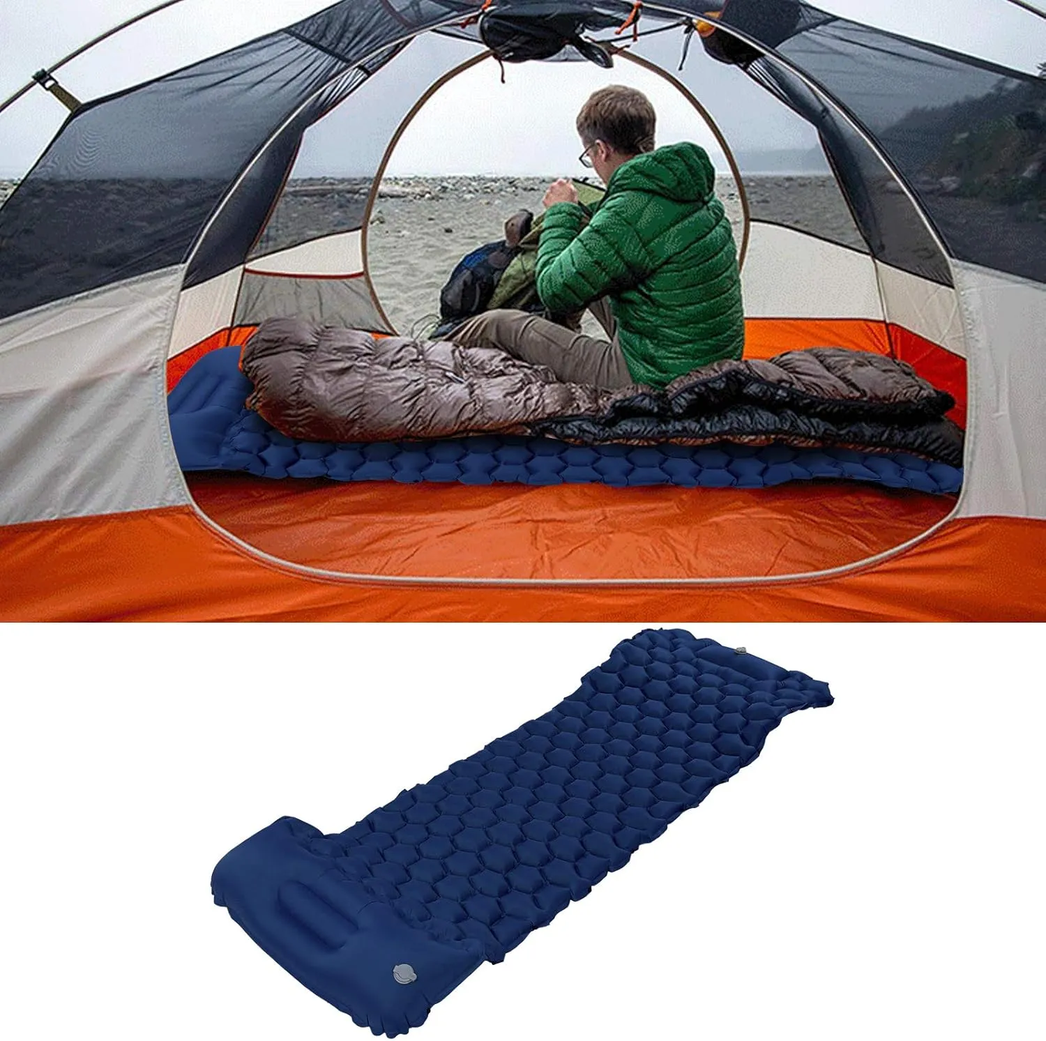 Camping Sleeping Pad Mat, Foot Press Inflatable Cushion Mattress, Sturdy 40D Nylon Fabric, TPU Laminate, for Tent Hiking Travel, Lightweight Compact, Easy to Store (Navy Blue)