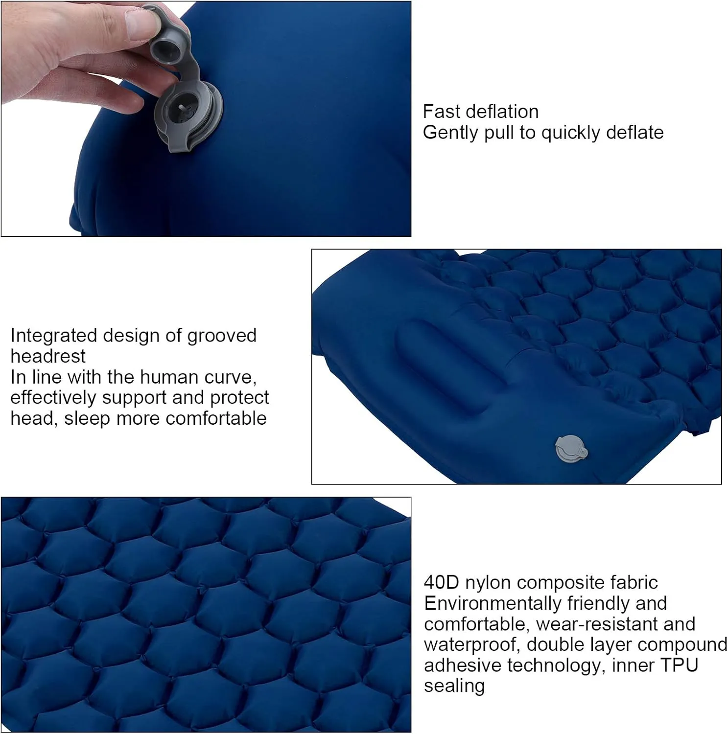 Camping Sleeping Pad Mat, Foot Press Inflatable Cushion Mattress, Sturdy 40D Nylon Fabric, TPU Laminate, for Tent Hiking Travel, Lightweight Compact, Easy to Store (Navy Blue)