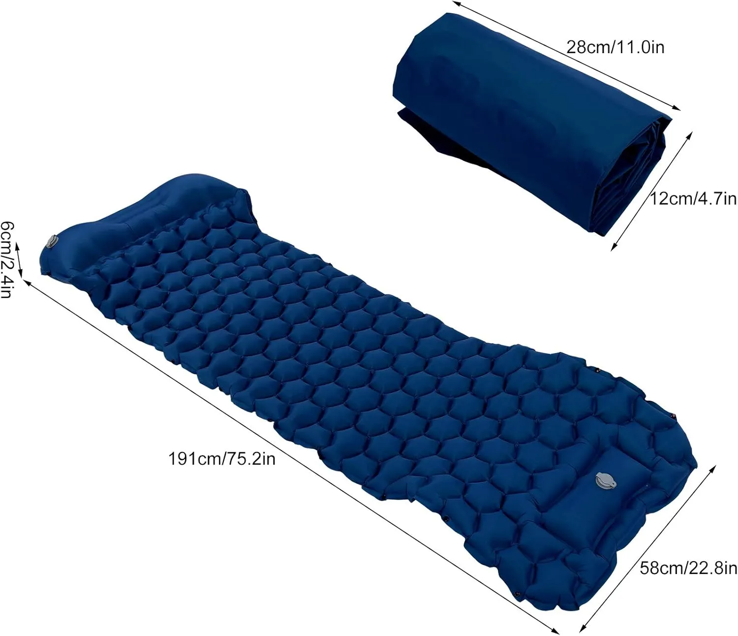 Camping Sleeping Pad Mat, Foot Press Inflatable Cushion Mattress, Sturdy 40D Nylon Fabric, TPU Laminate, for Tent Hiking Travel, Lightweight Compact, Easy to Store (Navy Blue)