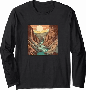 Canyon With River Vintage Landscape Colorful Graphic Long Sleeve T-Shirt
