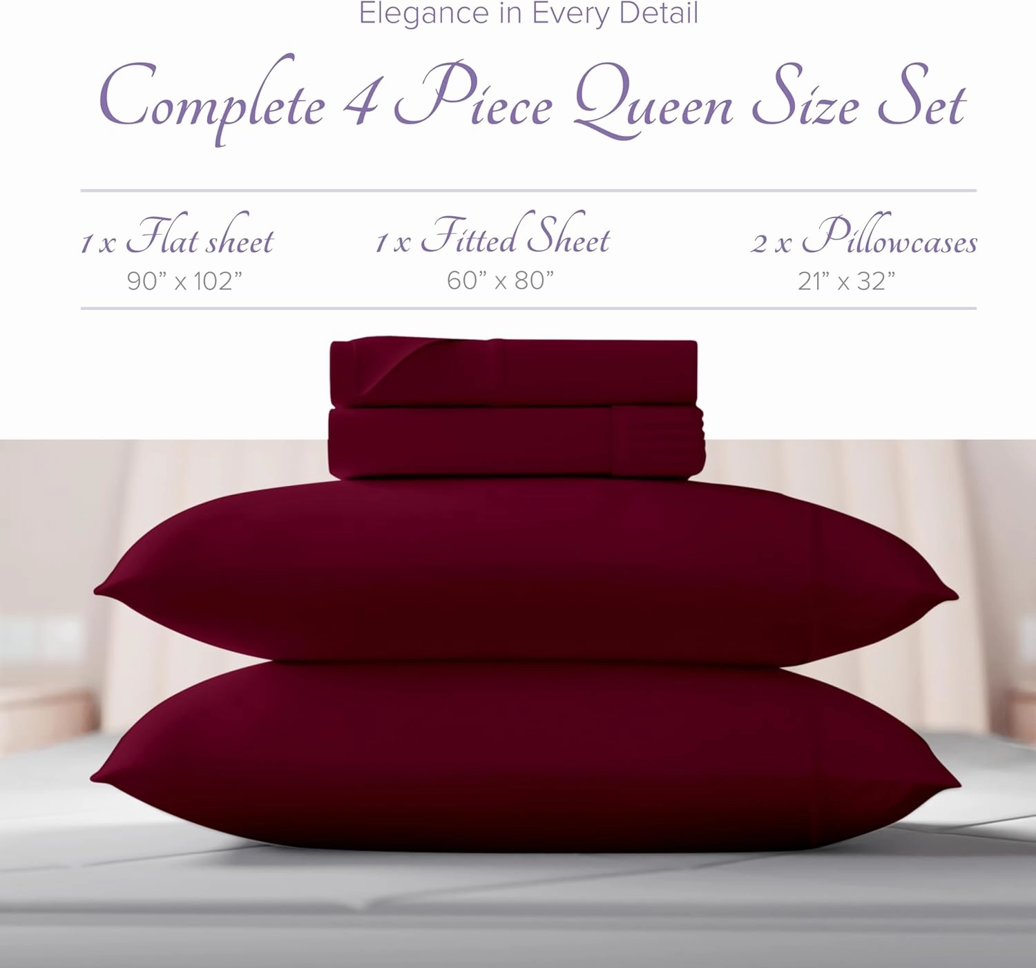Carressa Linen Egyptian Cotton Sheet Set - 800 TC 4 PC Burgundy Queen Bedsheet for Queen Size Bed, Sateen Weave Luxury Hotel Sheets, Soft Cooling Bed Sheet, 16" Deep Pocket (Fits Upto 18" Mattress)