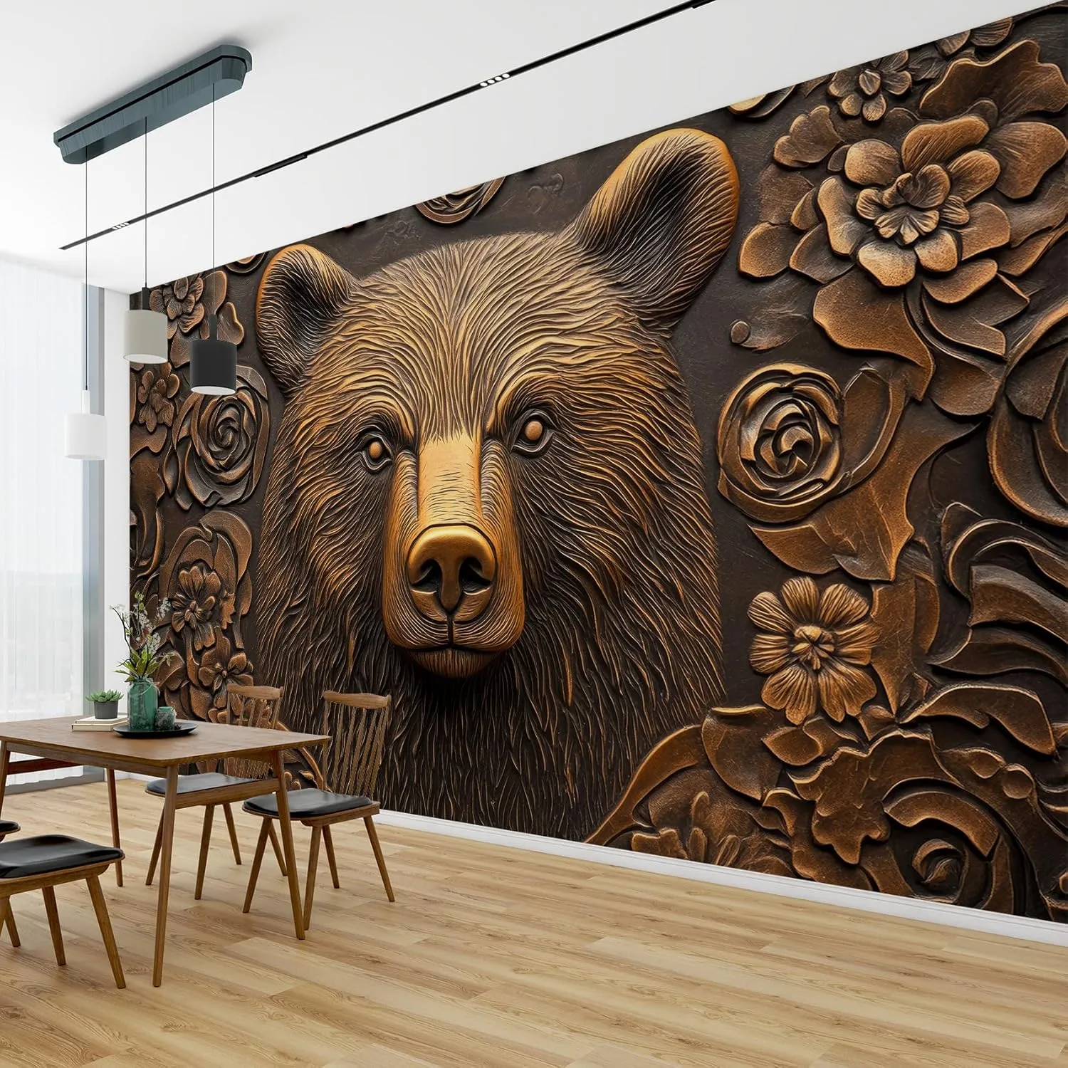 Carved Wood Effect Animal Peel and Stick Wallpaper, Brown Bear Wall Mural, Self Adhesive Removable Waterproof, Lodge Cabin Wall Decor & Art for Living Room, Bedroom, 110" W x 79" H