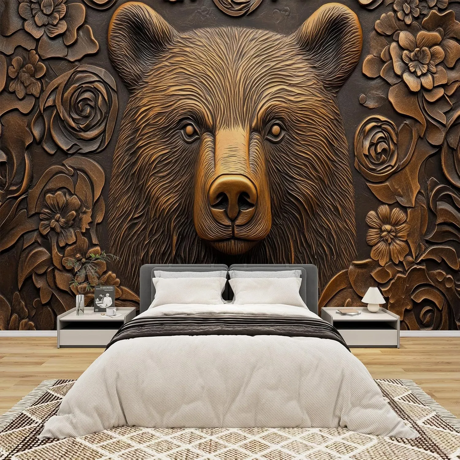 Carved Wood Effect Animal Peel and Stick Wallpaper, Brown Bear Wall Mural, Self Adhesive Removable Waterproof, Lodge Cabin Wall Decor & Art for Living Room, Bedroom, 110" W x 79" H