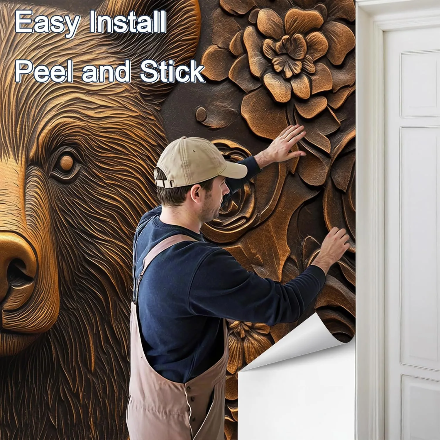 Carved Wood Effect Animal Peel and Stick Wallpaper, Brown Bear Wall Mural, Self Adhesive Removable Waterproof, Lodge Cabin Wall Decor & Art for Living Room, Bedroom, 110" W x 79" H