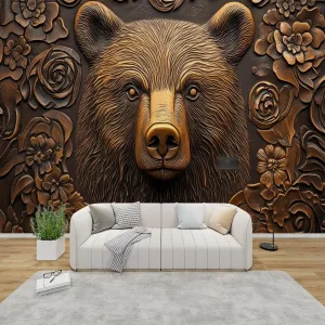 Carved Wood Effect Animal Peel and Stick Wallpaper, Brown Bear Wall Mural, Self Adhesive Removable Waterproof, Lodge Cabin Wall Decor & Art for Living Room, Bedroom, 110" W x 79" H