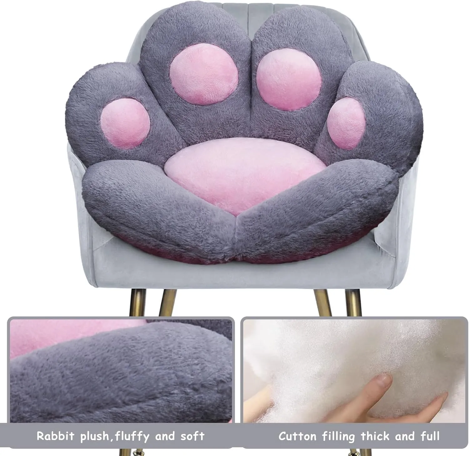 Cat Paw Cushion Kawaii Office Desk Chair Cushion Comfy Plush Cat Paw Shape Gaming Chair Cushion Bear Cute Seat Cushion for Girl, Kawaii Room Bedroom Decorate 28"x 24" (Gray)
