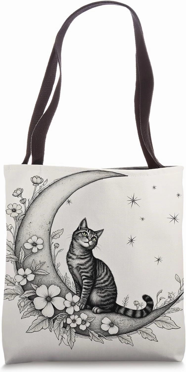 Celestial Tabby: Moonlit Mystique Cat Flowers Stars Drawing Tote Bag