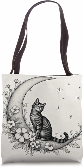 Celestial Tabby: Moonlit Mystique Cat Flowers Stars Drawing Tote Bag