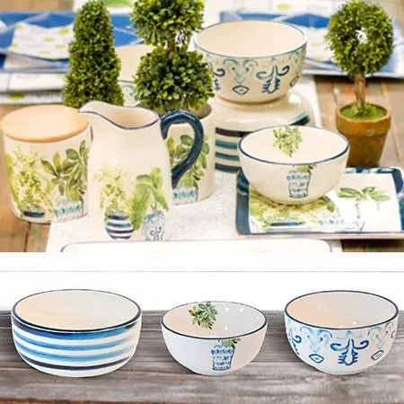 Ceramic Hand painted Blue Topiary Bowls, Set of 3