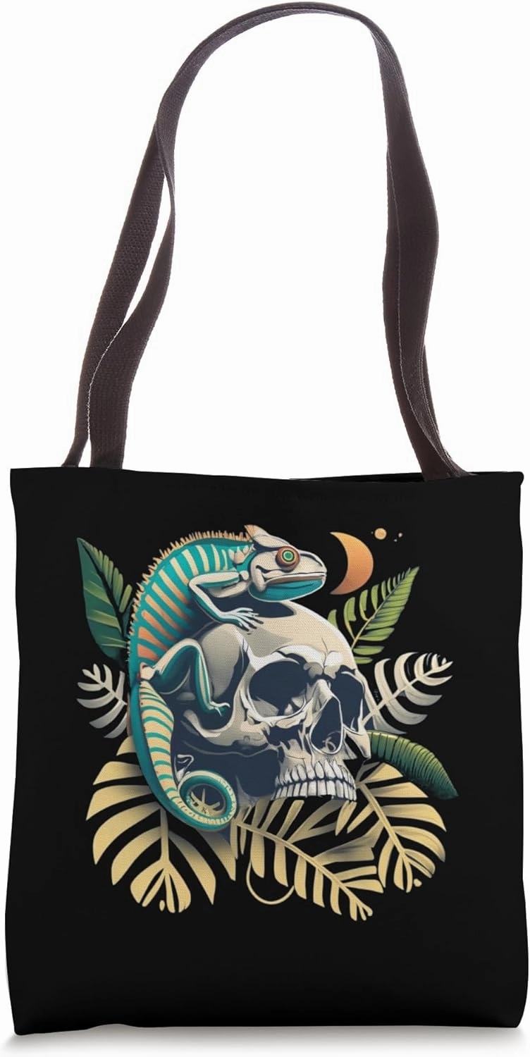 Chameleon on Skeleton, Cool Drawing, Ink Art Tote Bag