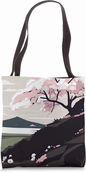 Cherry Blossom tree flowers on hillside mountain lake Tote Bag