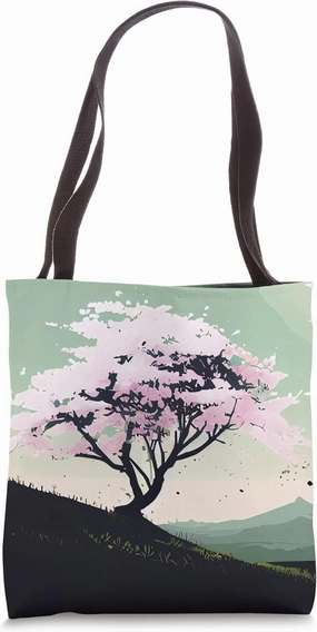 Cherry Blossom tree green hillside acrylic painting style Tote Bag