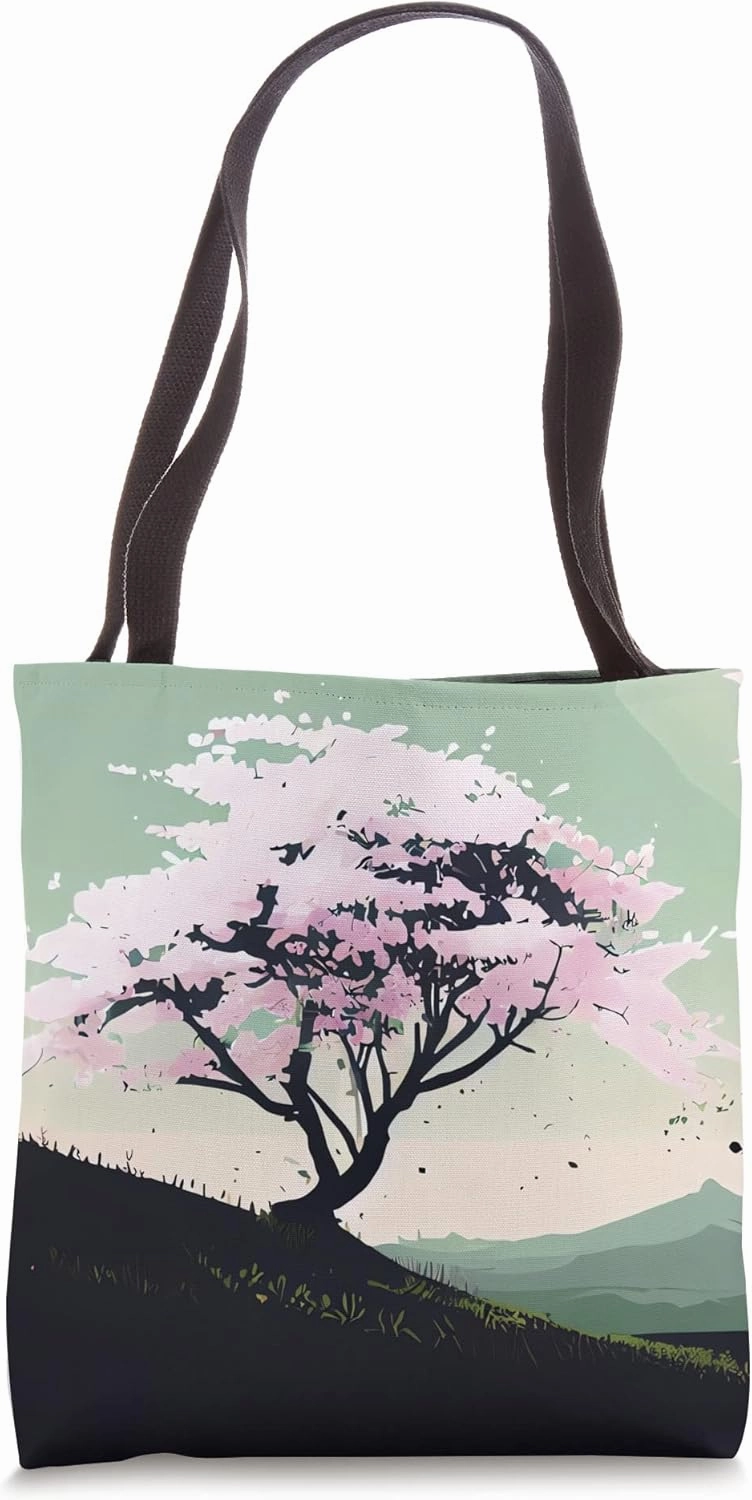 Cherry Blossom tree green hillside acrylic painting style Tote Bag