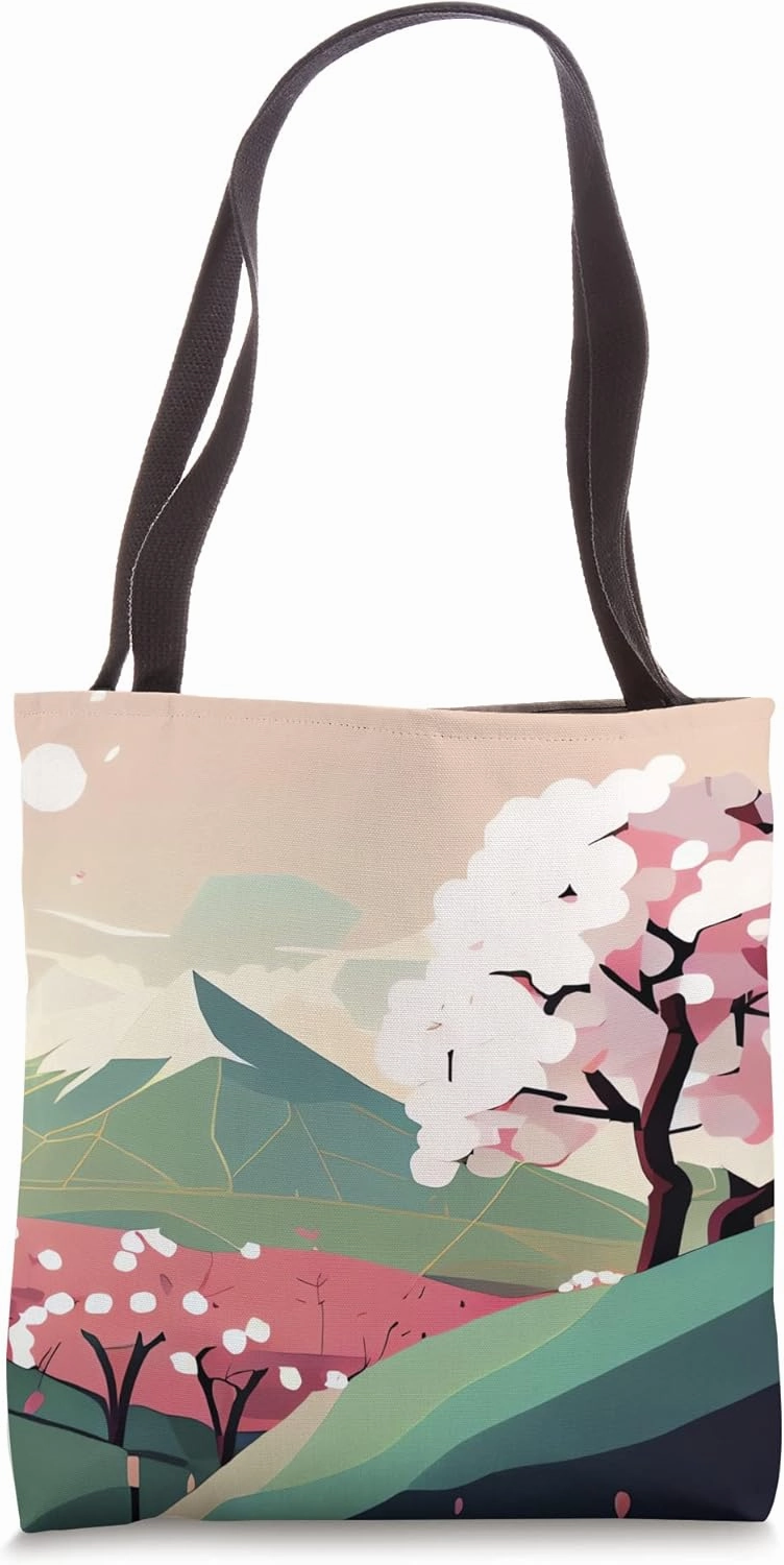 Cherry Blossom tree pink fields hillside snow peak mountain Tote Bag