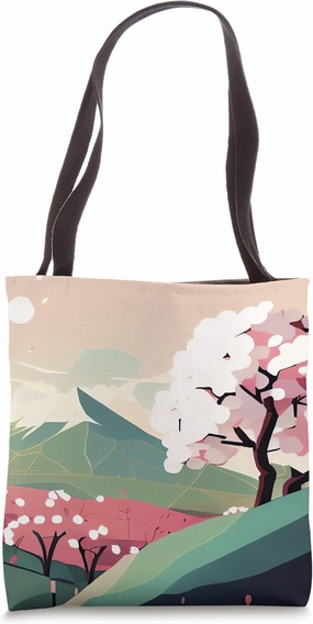 Cherry Blossom tree pink fields hillside snow peak mountain Tote Bag