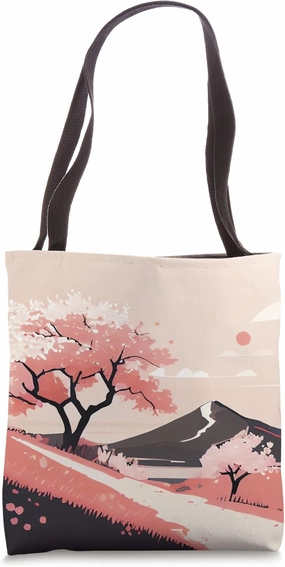 Cherry Blossom trees on mountain view hillside pastel shades Tote Bag