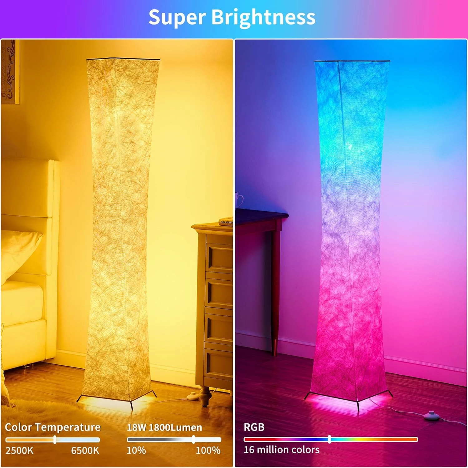 chiphy Floor Lamp, 64" Tall Dimmable and RGB Color Changing LED Smart Bulbs White Fabric Shade, with Remote Control, Standing Lamp for Living Room, Bedroom Play Room