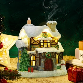 Christmas Village Light up House, Backflow Incense Holder, Resin Christmas Snowy Town with Xmas Tree and Snowman, Holiday Tabletop Decorations for Home Kitchen Office