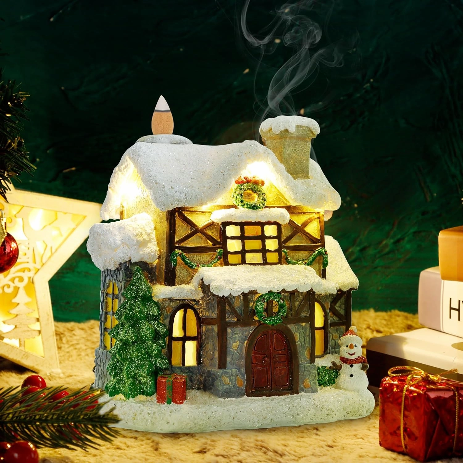 Christmas Village Light up House, Backflow Incense Holder, Resin Christmas Snowy Town with Xmas Tree and Snowman, Holiday Tabletop Decorations for Home Kitchen Office