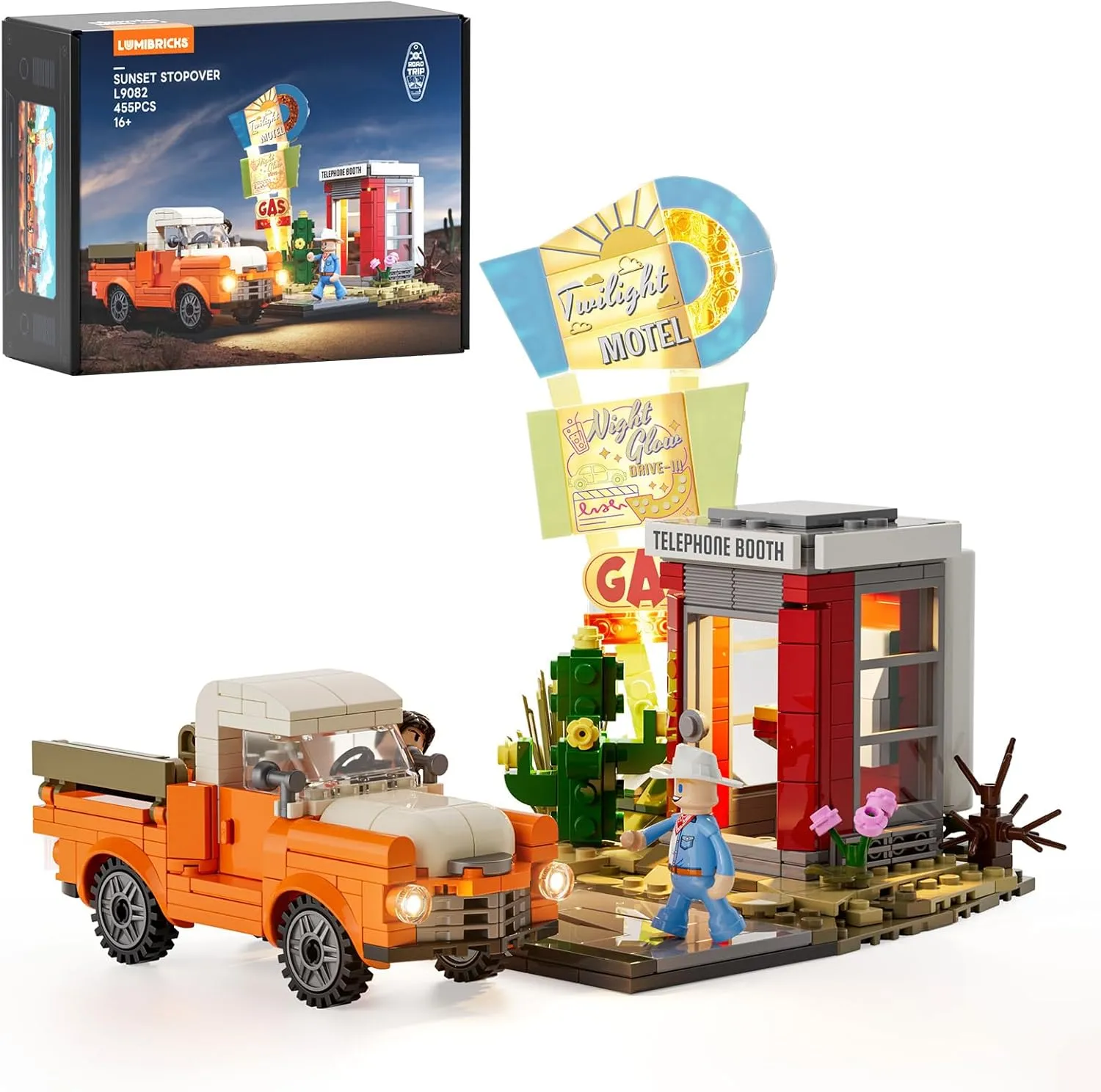 City Sunset-Stopover Lighting-Building-Bricks Set - Road Trip Car Station Modular Collection LED Light Building Set 455 Pcs for Adults, Teen and Travelling Enthusiasts