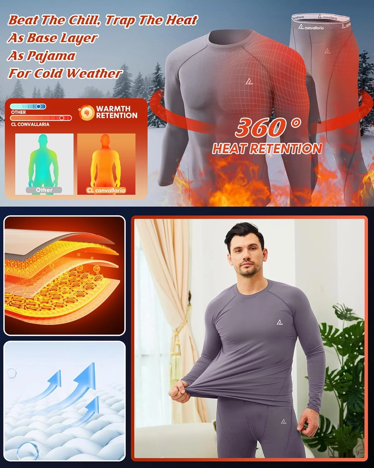 CL convallaria Thermal Underwear for Men Long Johns Fleece Lined Hunting Gear Set Base Layer for Cold Weather XS-4XL