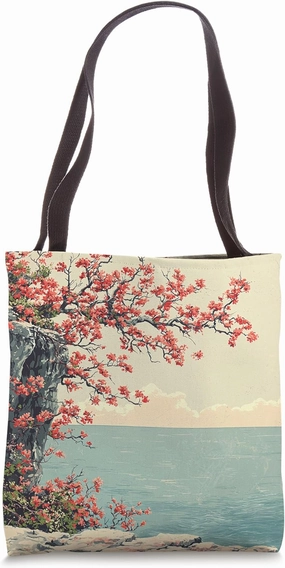 Cliffside With Flowering Shrubs Vintage Landscape Graphic Tote Bag