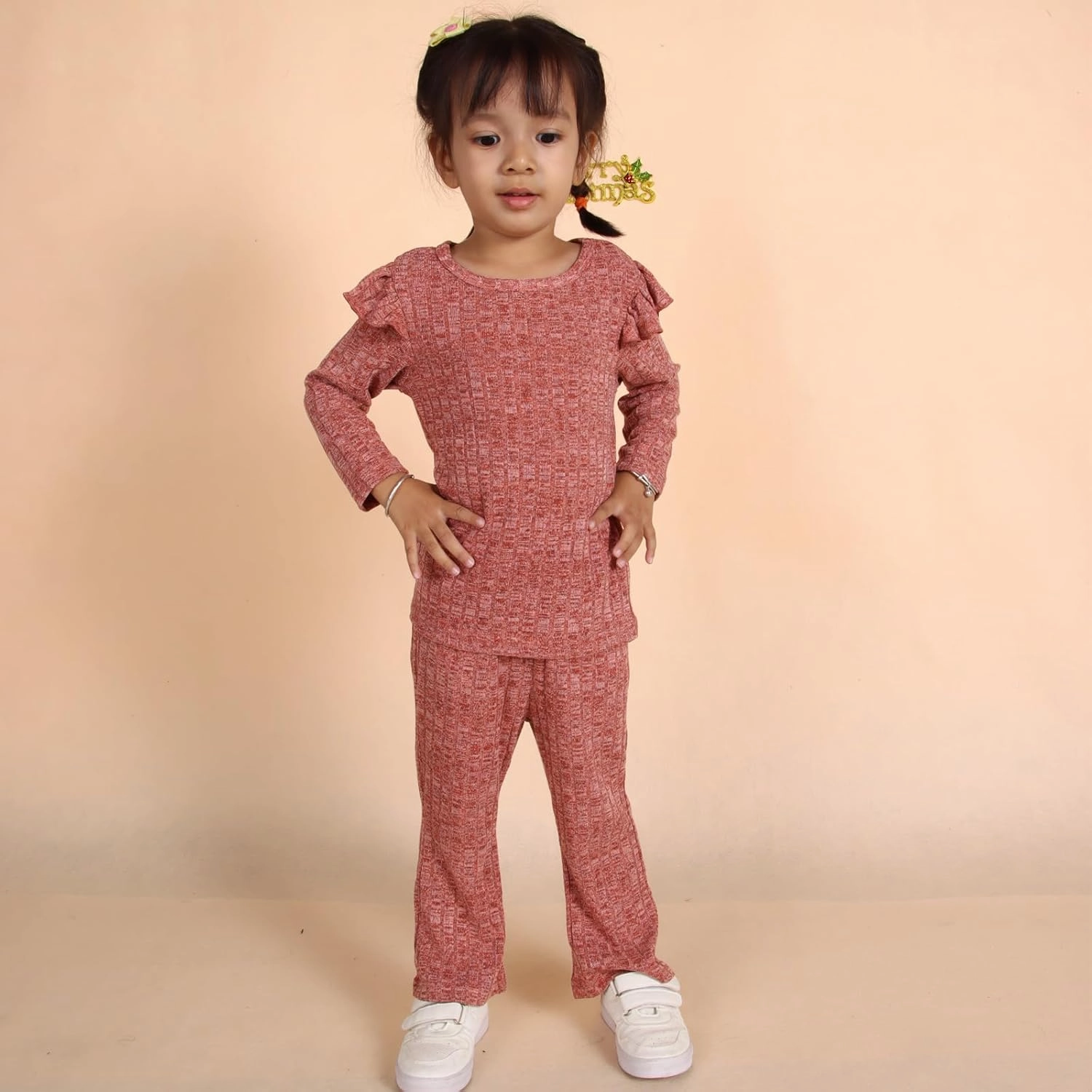 CM C&M WODRO Toddler Baby Girl Outfit Solid Ribbed Knit Ruffle Long Sleeves Shirt Top Long Pants Kid Fall Winter Clothes Set