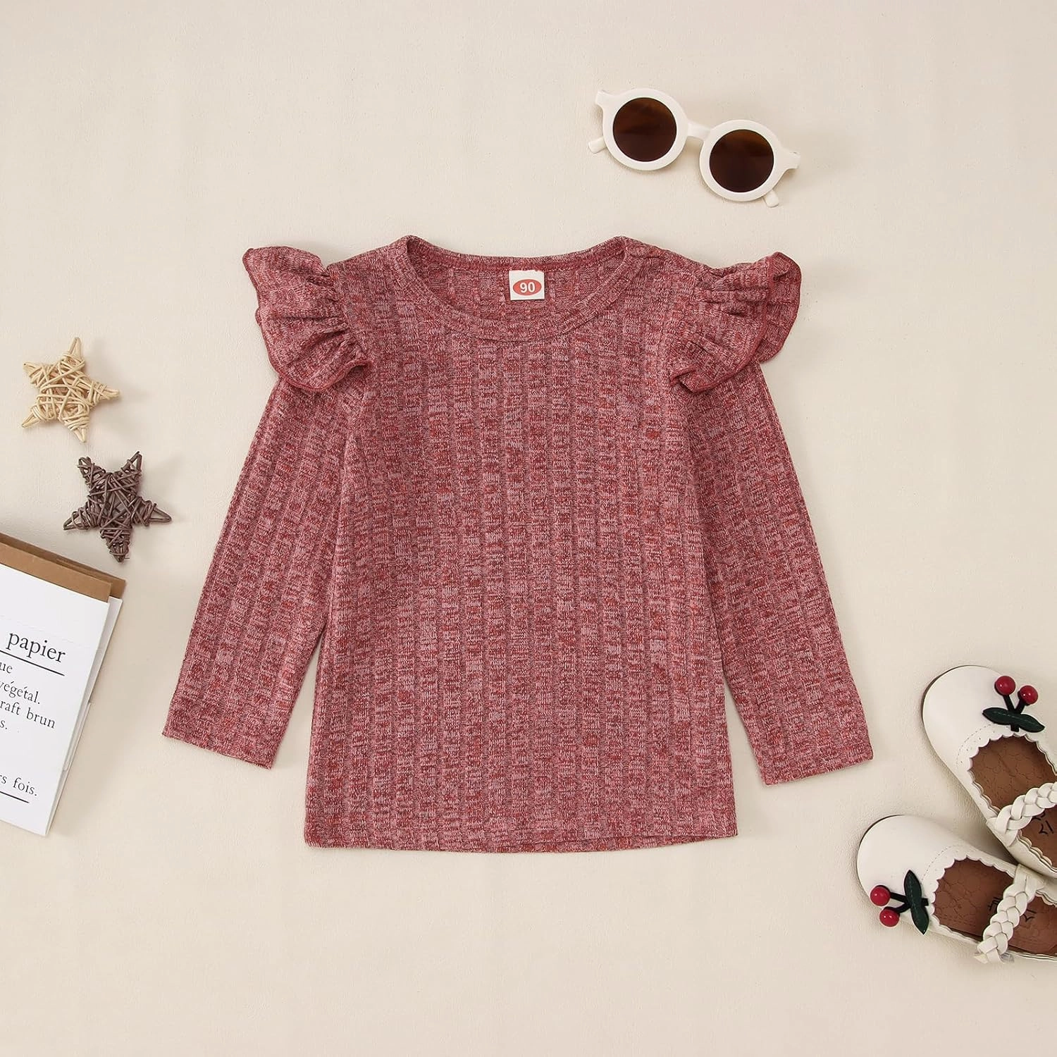 CM C&M WODRO Toddler Baby Girl Outfit Solid Ribbed Knit Ruffle Long Sleeves Shirt Top Long Pants Kid Fall Winter Clothes Set