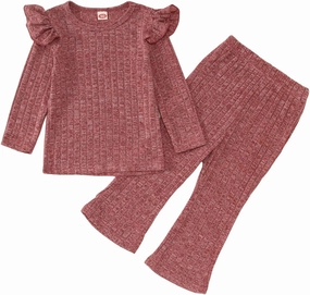 CM C&M WODRO Toddler Baby Girl Outfit Solid Ribbed Knit Ruffle Long Sleeves Shirt Top Long Pants Kid Fall Winter Clothes Set