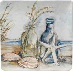 Coastal Landscape Ceramic Square Platter – 12.5" Beach-Inspired Serving Tray with Starfish, Bottles & Shells – Coastal Décor for Appetizers, Desserts, Charcuterie, or Entertaining