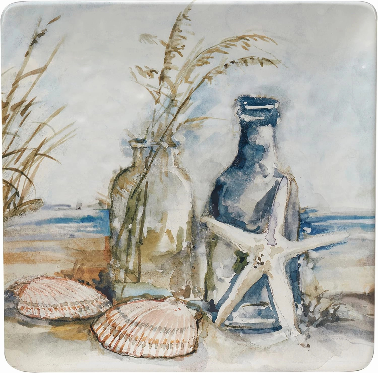 Coastal Landscape Ceramic Square Platter – 12.5" Beach-Inspired Serving Tray with Starfish, Bottles & Shells – Coastal Décor for Appetizers, Desserts, Charcuterie, or Entertaining