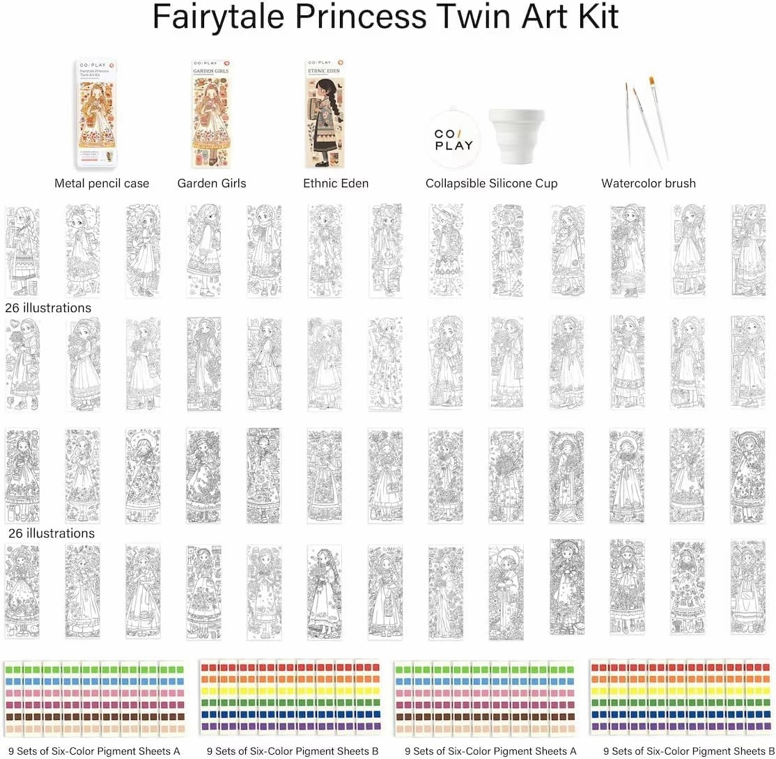 COIPLAY 648 Color Blocks Watercolor Paint Set, 52-Bookmarks, 3 Brushes, Silicone Cup, Fairytale Princess Coloring Books, for All Ages, Travel-Friendly, Easy to Use,No Mess, All in One, Art Supplies