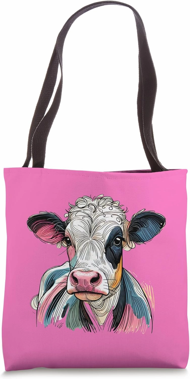 Colorful COW Line Drawing Design - Bovine Cattle Tote Bag