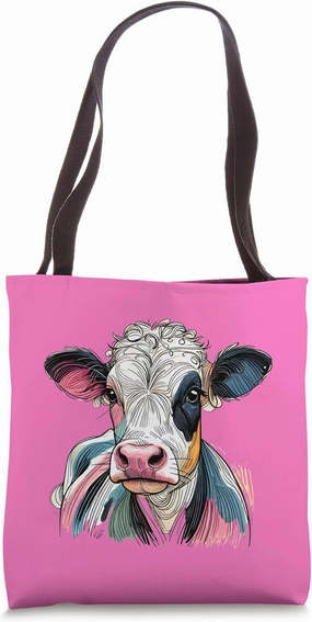 Colorful COW Line Drawing Design - Bovine Cattle Tote Bag
