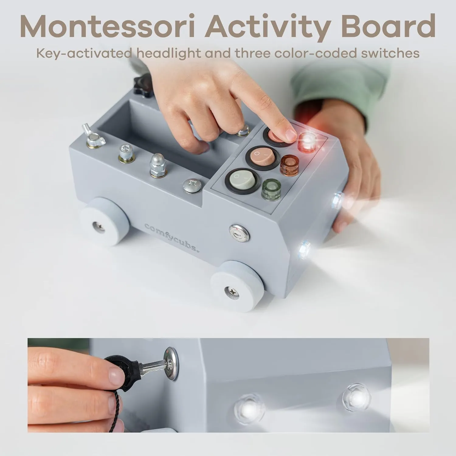 Comfy Cubs Busy Board Toy Truck Set - Fun & Noise-Free, Pine Wood Activity Board for Toddlers with LED Light Switch - Designed in The US, Focused & Engaging Montessori Play for Kids 3  (Pacific Blue)
