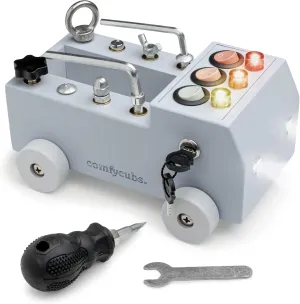 Comfy Cubs Busy Board Toy Truck Set - Fun & Noise-Free, Pine Wood Activity Board for Toddlers with LED Light Switch - Designed in The US, Focused & Engaging Montessori Play for Kids 3  (Pacific Blue)