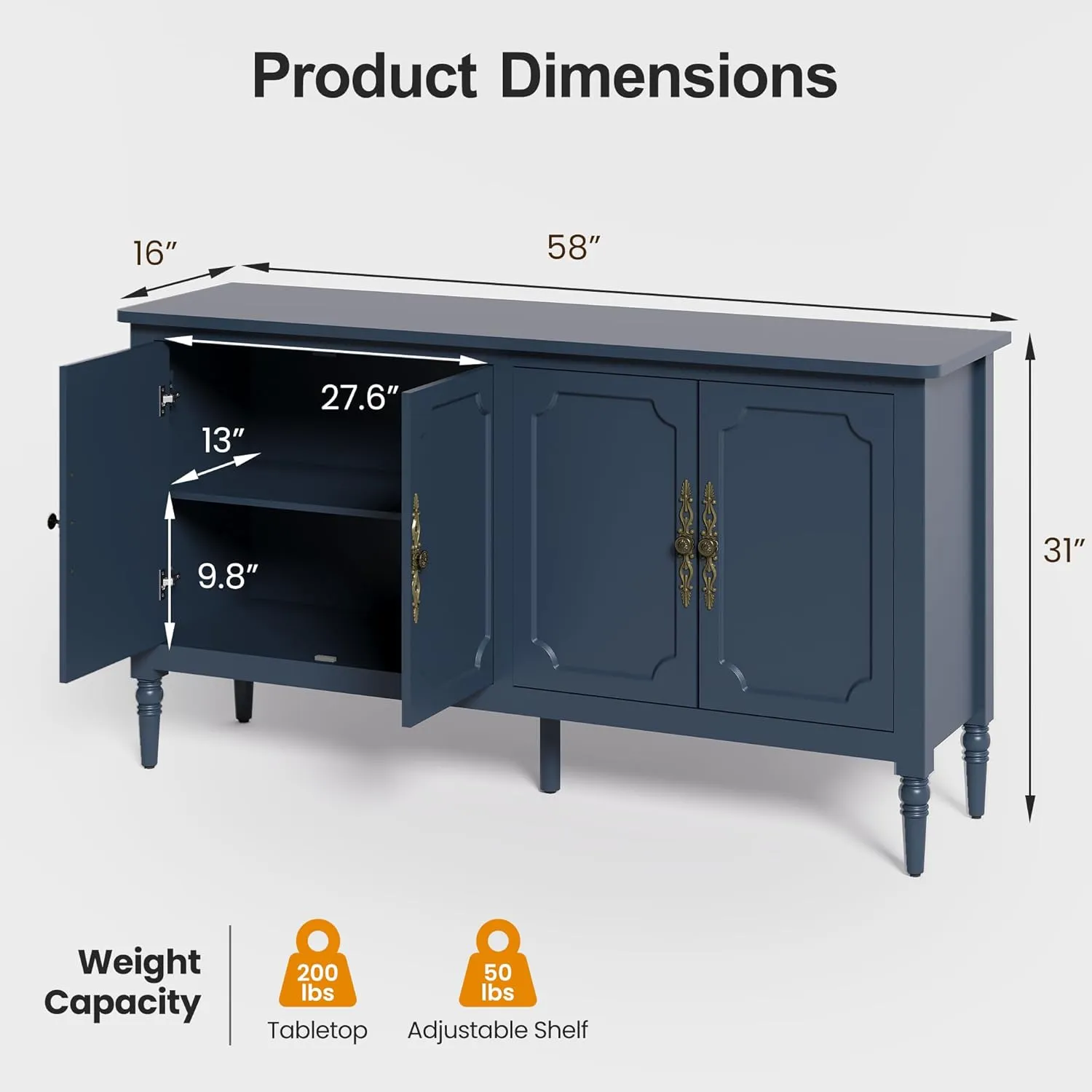 Console Cabinet, 58'' Mid Century Modern Pantry Cabinet, Wood Buffet Cabinet, Media Cabinet with 4 Doors, Accent Cabinet for Entryway, Living Room, Dining Room (Blue)