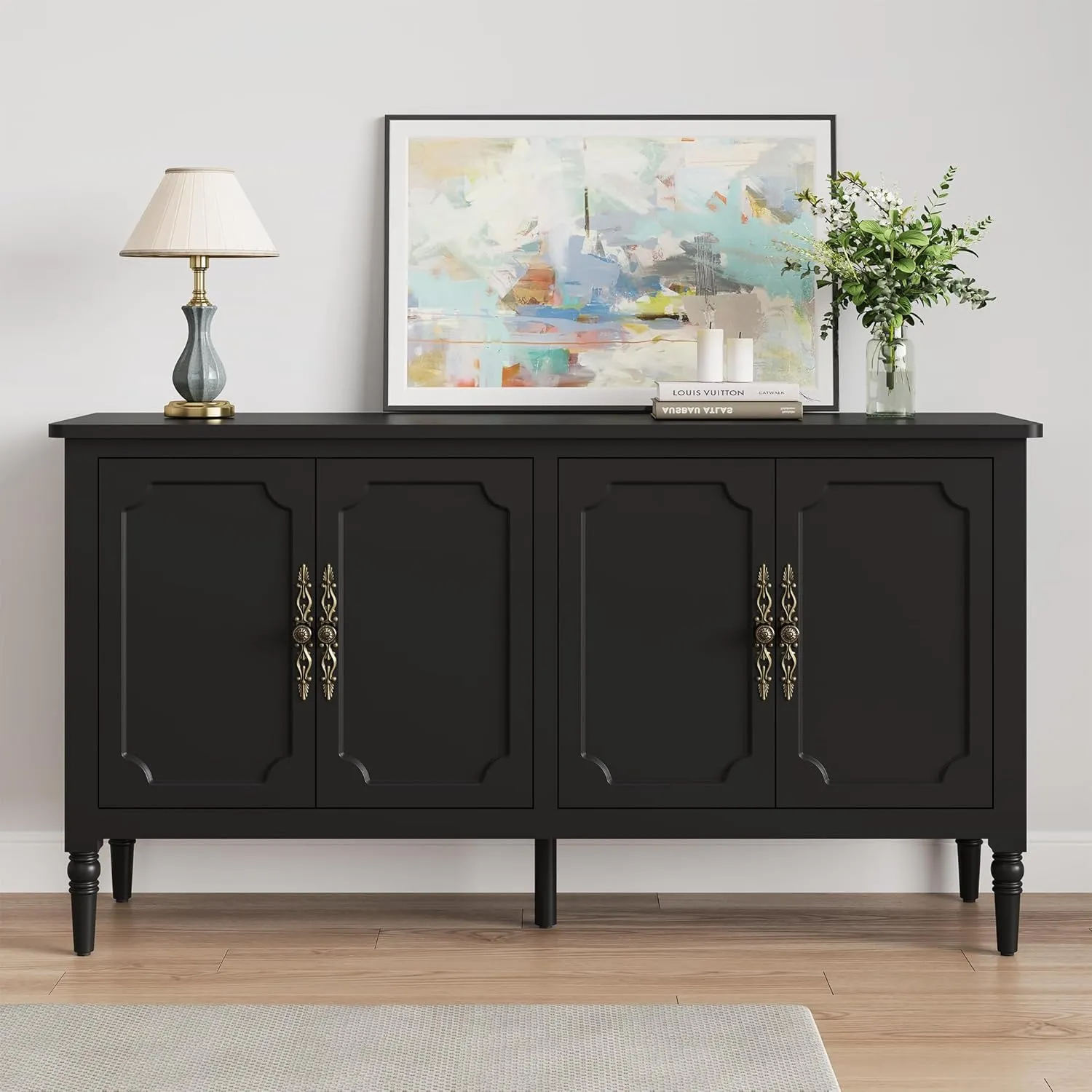 Console Cabinet, 58'' Mid Century Modern Pantry Sideboard, Wood Buffet Cabinet, Media Cabinet with 4 Doors, Accent Cabinet for Entryway, Living Room, Dining Room (Black)