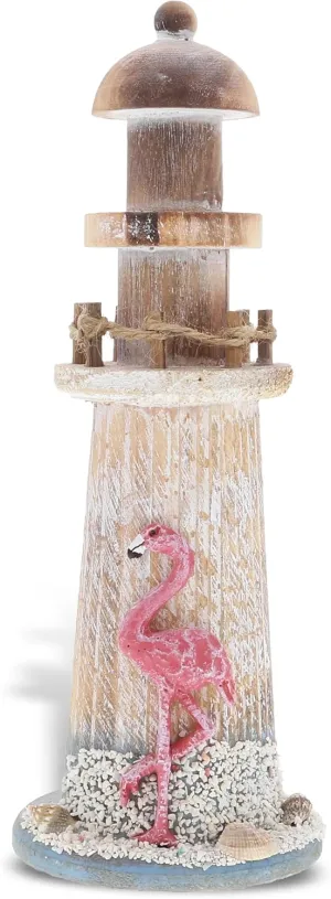 CoTa Global Flamingo Beach Lighthouse Decor - Handmade and Crafted Wooden Lighthouse Decoration with Sea Shells, Decorative Beach Style Tabletop Centerpiece, Nautical Themed Home Decor - 8.5 Inch