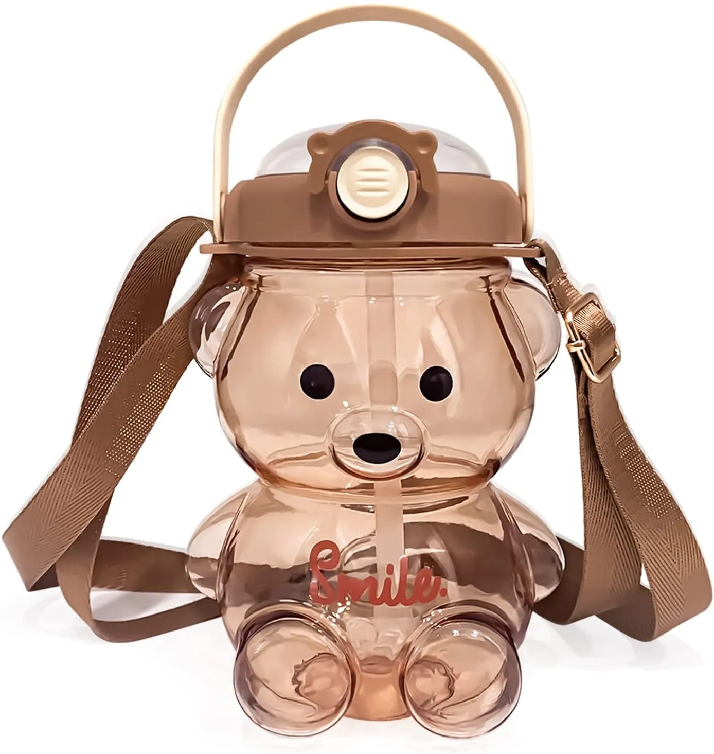 Cute Bear Water Bottle: 32oz Kawaii Kids Water Bottles with Strap and Straw - Leak-proof Plastic Drinking Cups for Girls Women School Sports Camping Picnic Hiking Travel (Brown)