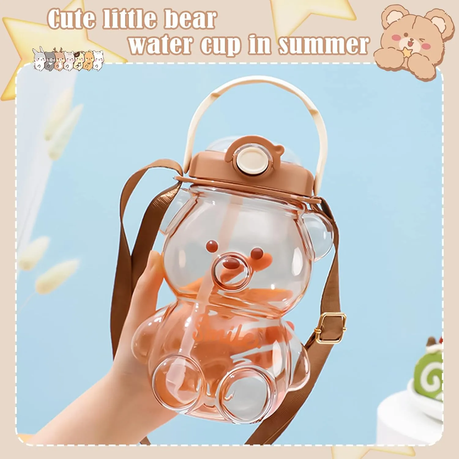 Cute Bear Water Bottle: 32oz Kawaii Kids Water Bottles with Strap and Straw - Leak-proof Plastic Drinking Cups for Girls Women School Sports Camping Picnic Hiking Travel (Brown)
