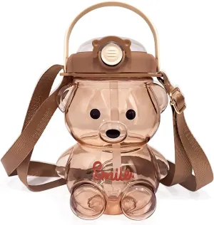 Cute Bear Water Bottle: 32oz Kawaii Kids Water Bottles with Strap and Straw - Leak-proof Plastic Drinking Cups for Girls Women School Sports Camping Picnic Hiking Travel (Brown)