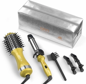 DAN Technology Hair Dryer Brush & Mini Curling Wand Set - 1 Inch Travel Set with 3 Temperature Settings - Hot Air Brush for Drying, Styling, Curling, and Volumizing