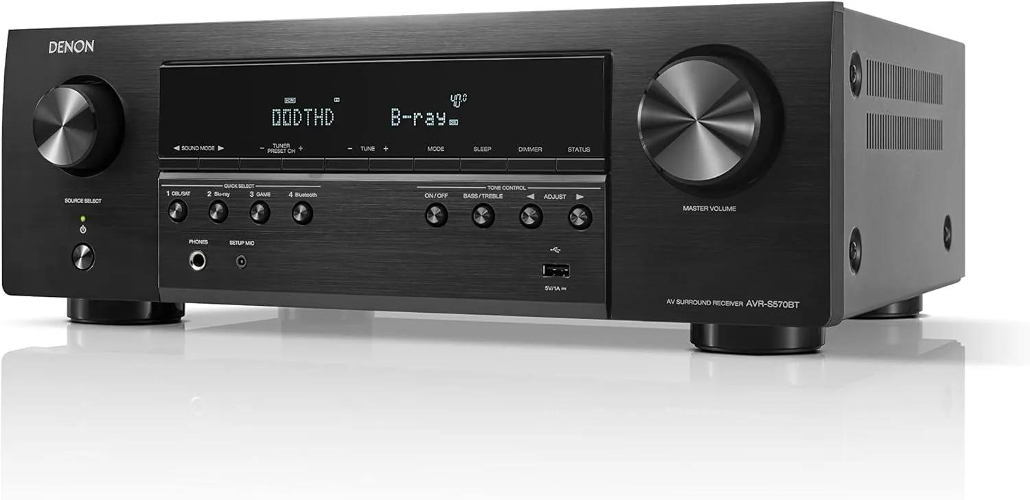 Denon AVR-S570BT (2022 Model) 5.2 Channel AV Receiver - 8K Ultra HD Audio & Video, Enhanced Gaming Experience, Wireless Streaming via Built-in Bluetooth, (4) 8K HDMI Inputs, Supports eARC (Renewed)
