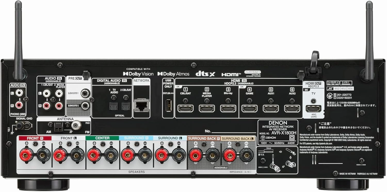 Denon AVR-X1800H 7.2 Channel AV Receiver - 80W/Channel, Wireless Streaming via Built-in HEOS, WiFi, & Bluetooth, Supports Dolby Vision, HDR10 , Dynamic HDR, and Home Automation Systems