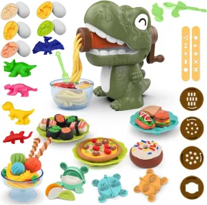 Dinosaur Noodle Maker Play Dough Set for Kids 3-8, Pattheboo 36 PCS Kitchen Toys with Dinosaur Egg Molds, Color Dough for Noodles, Ice Cream & Cookies, Birthday Gift for Boys & Girls