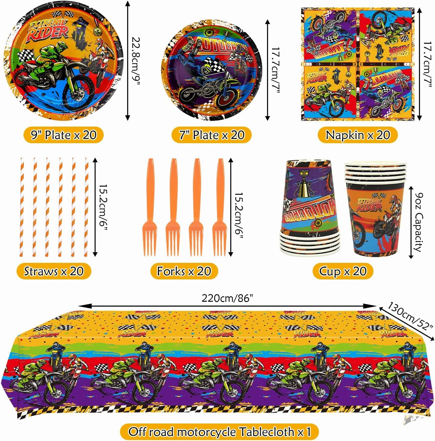 Dirt Bike Party Supplies, Includes Plate, Napkin, Cups, Forks, Tablecloth, for Kids Boys Girls Motorcycle Extreme Sports Birthday Decorations, Serve 20
