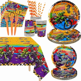 Dirt Bike Party Supplies, Includes Plate, Napkin, Cups, Forks, Tablecloth, for Kids Boys Girls Motorcycle Extreme Sports Birthday Decorations, Serve 20